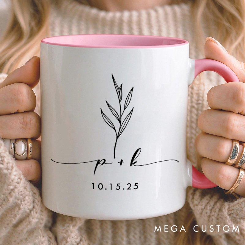 Personalized Couple Minimalist Leaf Mug with Date Custom Couple Initials Coffee Mug Valentine's Day Mug for Husband Wife Boyfriend Girlfriend