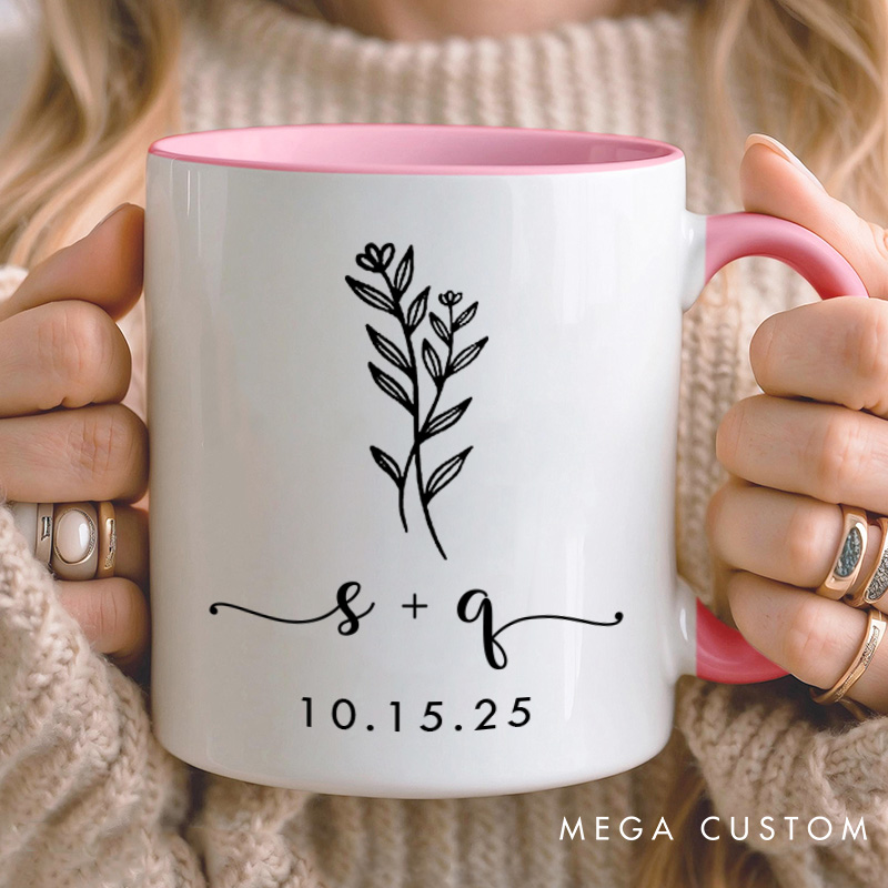 Personalized Couple Minimalist Floral Mug with Initials Custom Couple Coffee Mug with Date Valentine's Day Mug for Husband Wife Boyfriend Girlfriend