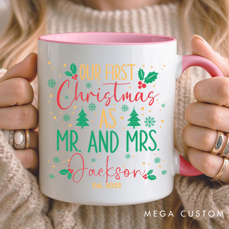 Personalized Couple Our First Christmas as Mr. and Mrs. Mug with Name Newlyweds Xmas Coffee Mug Christmas Mug for Husband Wife Hubby Wifey