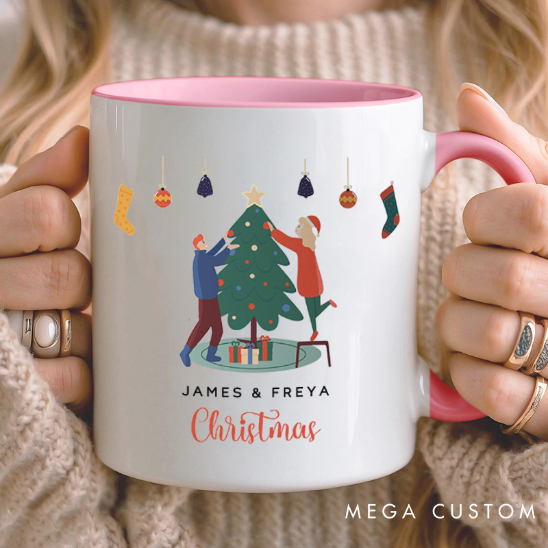 Personalized Couple Decorating a Christmas Tree Mug Custom Couple Name Xmas Coffee Mug Christmas Mug for Husband Wife Boyfriend Girlfriend