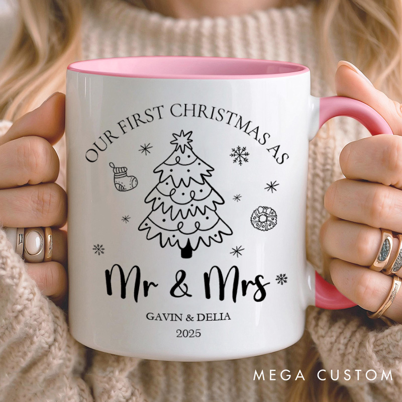 Personalized Couple Our First Christmas as Mr. and Mrs. Mug Custom Cute Xmas Tree Coffee Mug with Name Christmas Mug for Husband Wife Hubby Wifey