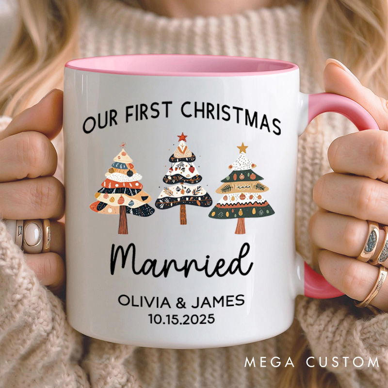 Personalized Couple Our First Christmas Married Mug Custom Newlyweds Name Xmas Tree Coffee Mug Christmas Mug for Husband Wife Hubby Wifey