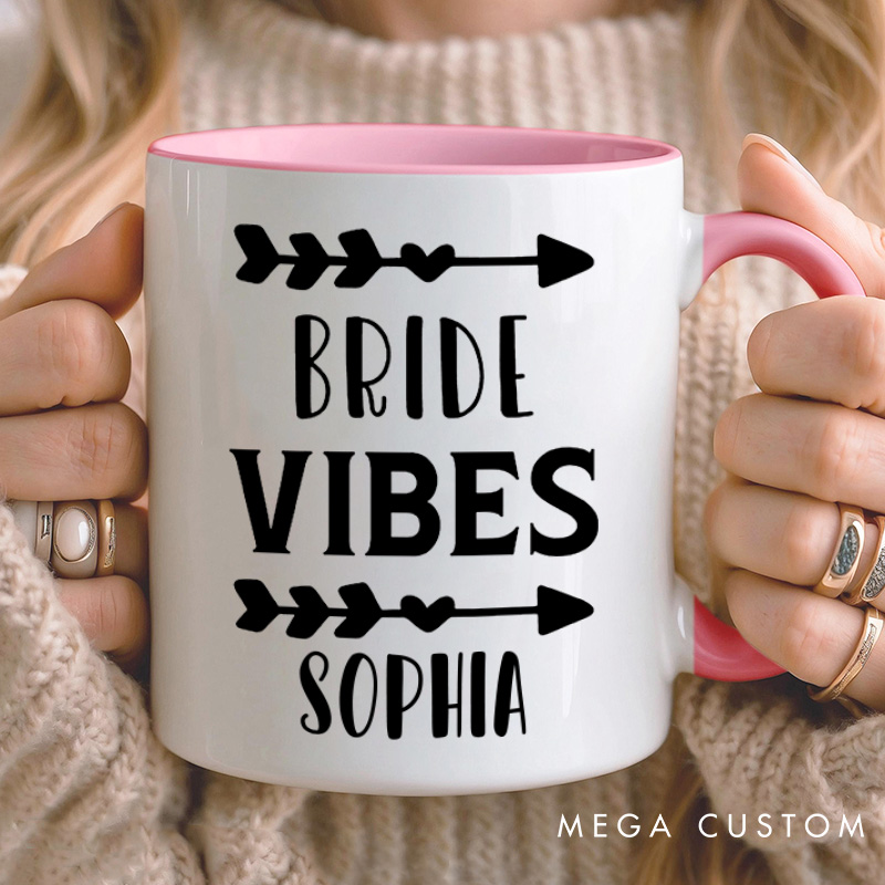 Personalized Bride Vibes with Heart Arrow Mug Bridesmaid Name Mug Maid of Honor Mug Bachelorette Party Mug Bridesmaid Proposal Gift Bridal Shower Mug