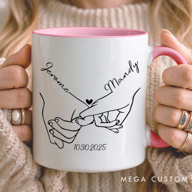 Personalized Couple Minimalist Pinky Promise with Heart Mug Custom Couple Name Coffee Mug Valentine's Day Mug for Husband Wife Boyfriend Girlfriend