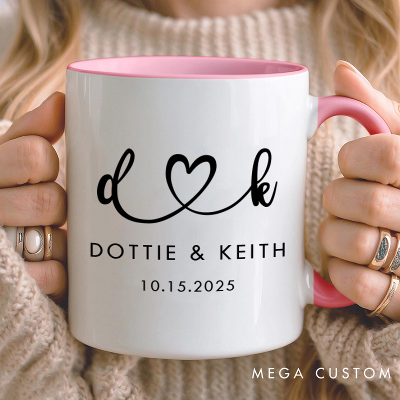 Personalized Couple Initials Heart Mug Custom Couple Name Coffee Mug with Date Valentine's Day Mug for Husband Wife Boyfriend Girlfriend