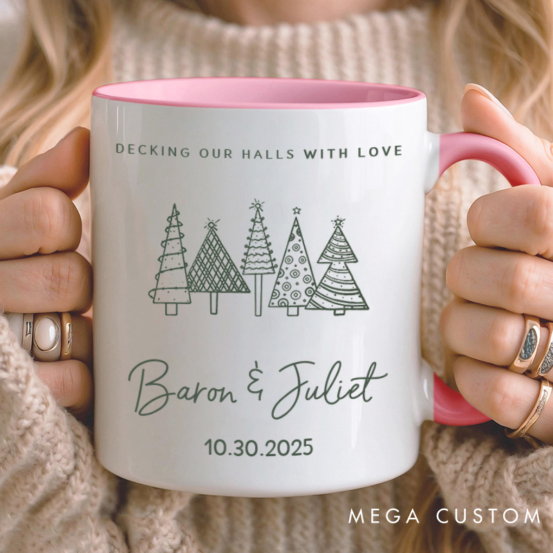 Personalized Couple Decking Our Halls with Love Christmas Mug Custom Couple Name Xmas Tree Coffee Mug for Husband Wife Boyfriend Girlfriend