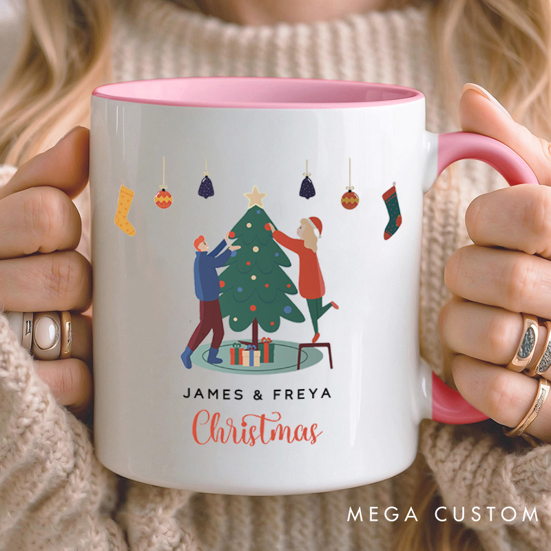 Personalized Couple Decorating a Christmas Tree Mug Custom Couple Name Xmas Coffee Mug Christmas Mug for Husband Wife Boyfriend Girlfriend