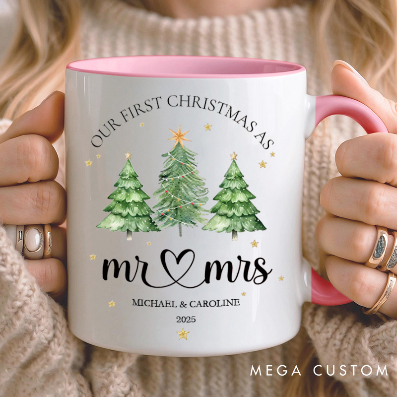 Personalized Couple Our First Christmas as Mr. and Mrs. Mug Custom Couple Xmas Tree Coffee Mug with Name Christmas Mug for Husband Wife Hubby Wifey