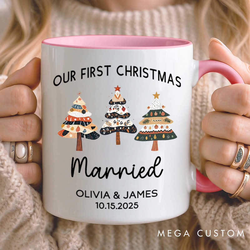 Personalized Couple Our First Christmas Married Mug Custom Newlyweds Name Xmas Tree Coffee Mug Christmas Mug for Husband Wife Hubby Wifey