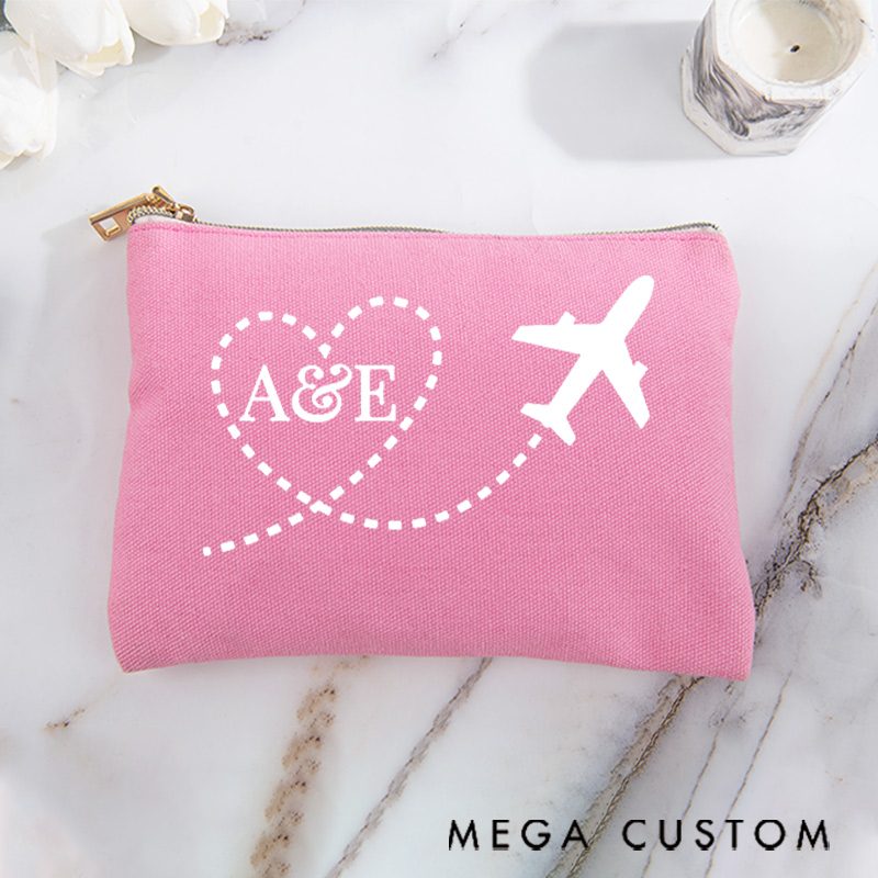 Personalized Makeup Bag Gift for Traveler Custom Initials and Heart Route