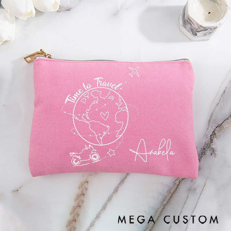 Personalized Makeup Bag Gift for Travel Lovers Time to Travel and Custom Name
