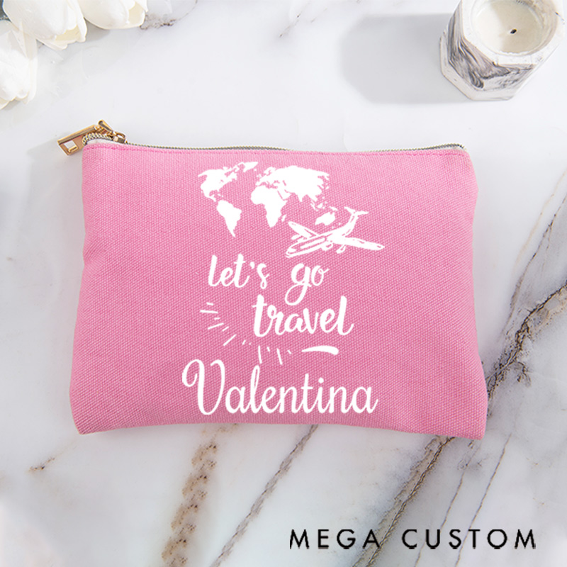 Personalized Makeup Bag Gift for Travel Lovers Map Let's Go Travel and Custom Name