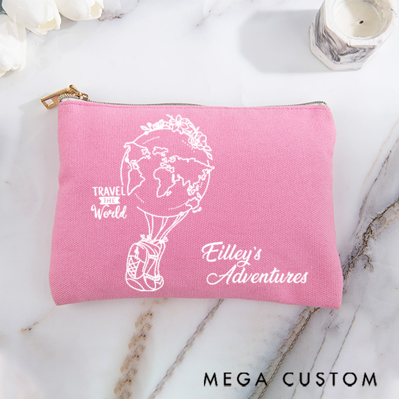 Personalized Makeup Bag Gift for Travel Lovers Hot Air Balloon Earth and Custom Name Adventures