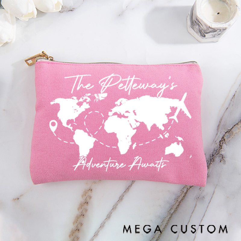 Personalized Makeup Bag Gift for Travel Lovers Adventure Awaits and Custom Name