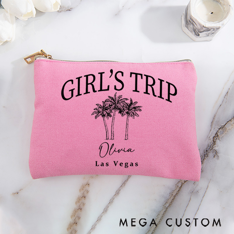 Personalized Makeup Bag Gift for Travel Lovers Girls Trip Custom Name and Destination