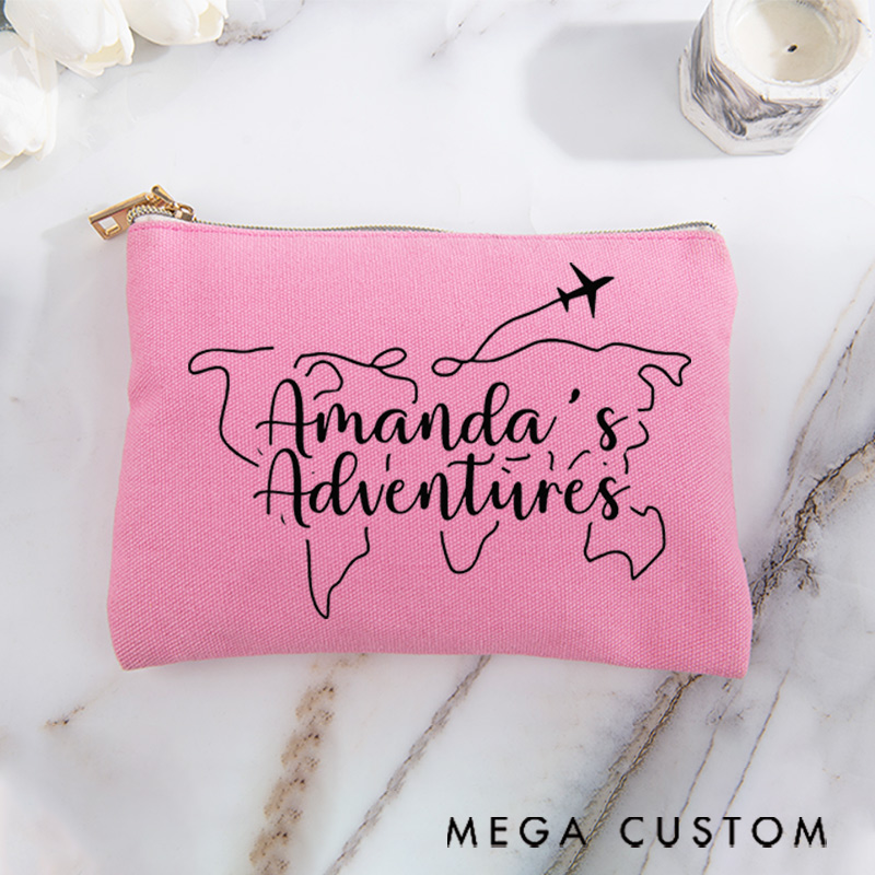 Personalized Makeup Bag Gift for Travel Lovers Line Map and Custom Traveler's Name Adventure