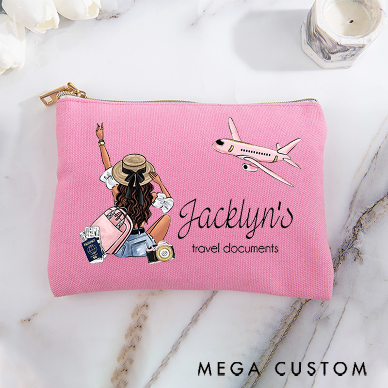 Personalized Makeup Bag Traveling Gift for Traveler Girl's Travel Documents and Custom Name