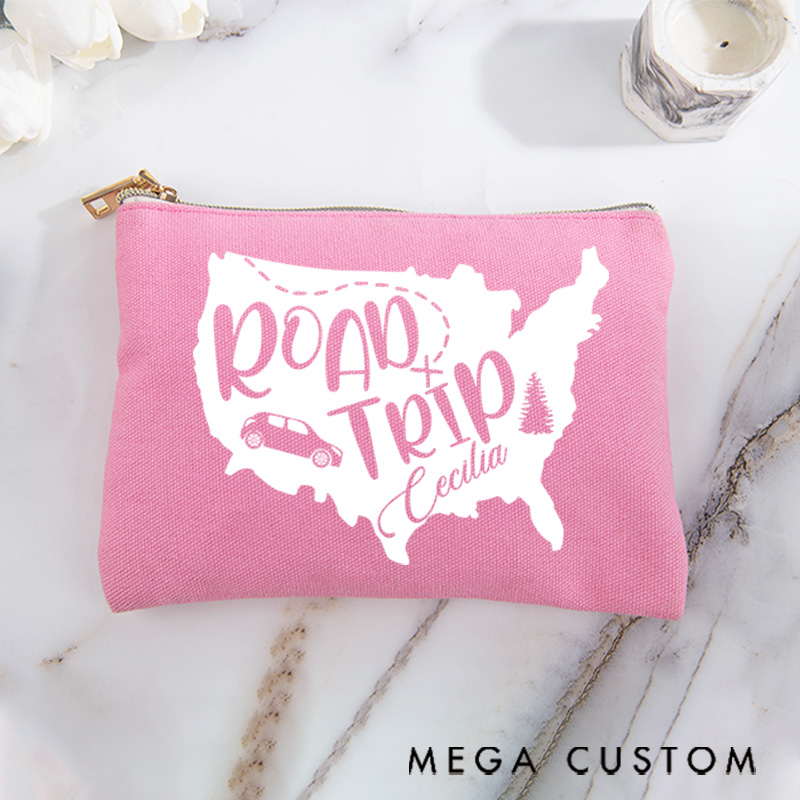 Personalized Makeup Bag Gift for Girls Travel Lovers Map Road Trip and Custom Name