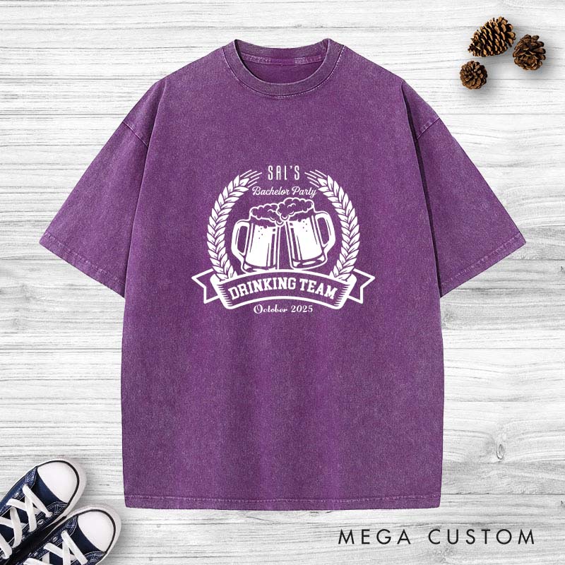 Personalized Groom Drinking Team Bachelor Party Washed T-Shirt Groomsmen Beer Lover T-Shirt Retro Washed T-Shirts for Best Man