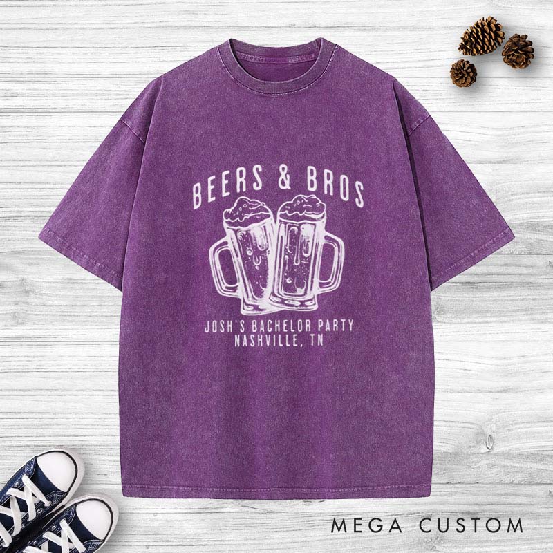 Personalized BEERS & BROS Washed T-Shirt Groom Groomsmen Cheers Beers Wedding T-Shirt Beer-Themed Washed T-Shirts for Best Man