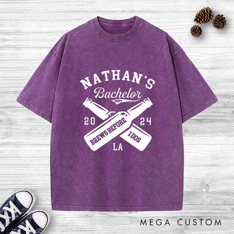 Personalized Brews Before I Dos Groom Washed T-Shirt Groom Wedding Party T-Shirt Retro Groomsman y2k Washed T-Shirts for Best Man
