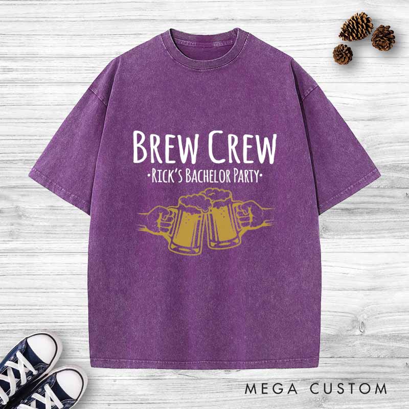 Personalized Brew Crew Bachelor Washed T-Shirt Groom Groomsmen Bachelor Party Favors Shirts Retro y2k Washed T-Shirt for Best Man