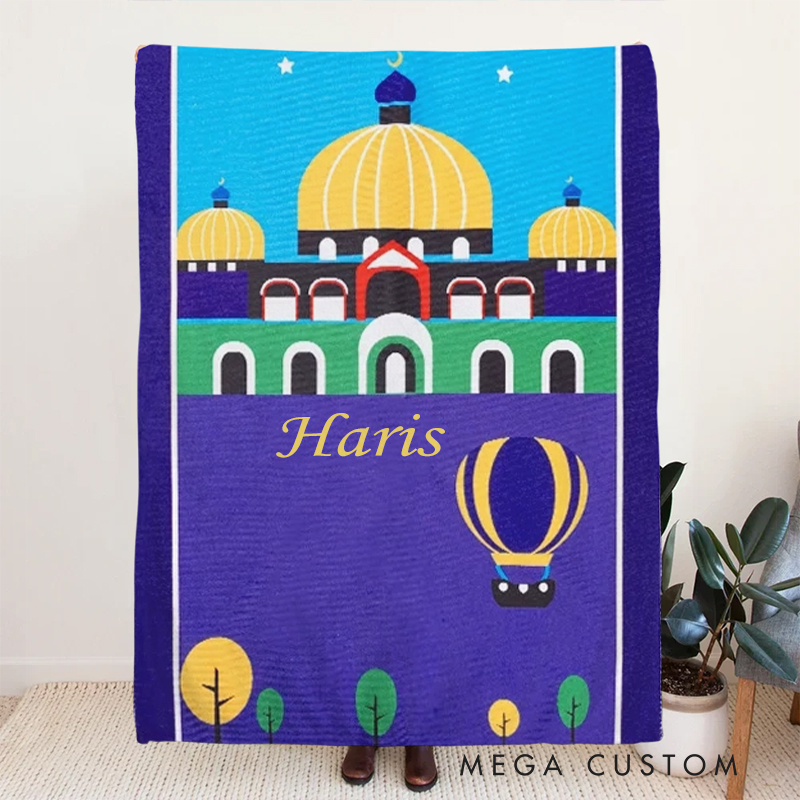Personalized Mosque Kid Prayer Throw Blanket with Name Home Decor Muslim Sejadah Janamaz Islamic Eid ul-Fitr Gift for Children