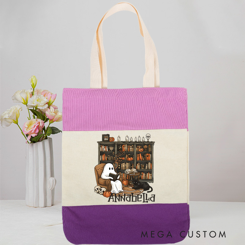 Personalized Retro Ghost Reading Books Tote Bag Book Lover Bag with Name Halloween Tote Bag Halloween Gift Librarian Gift Reader Gift