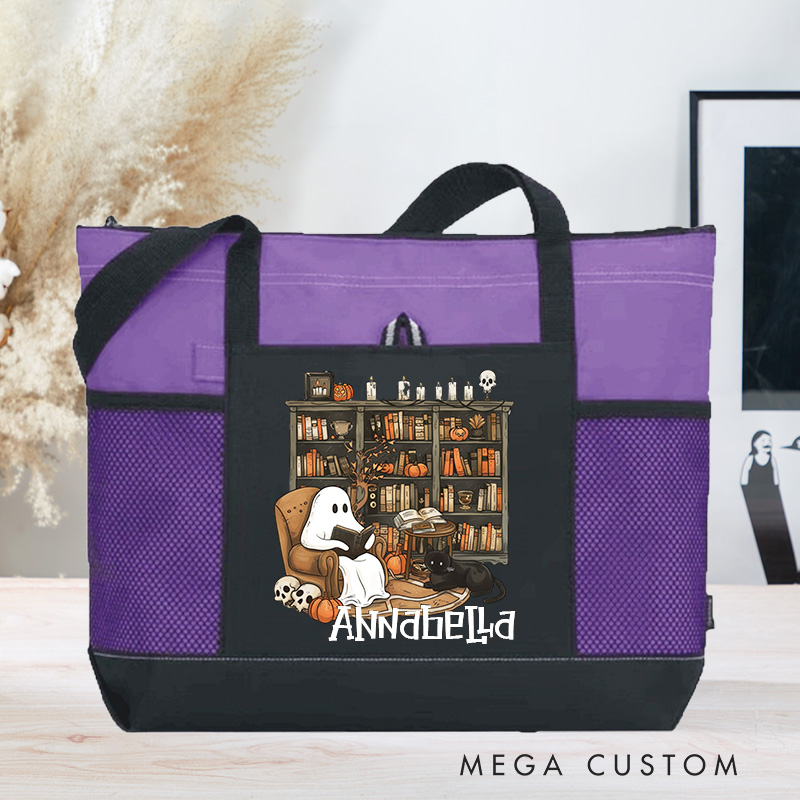 Personalized Retro Ghost Reading Books Tote Bag Book Lover Bag with Name Halloween Bag Halloween Gift Librarian Gift Book Lover Gift