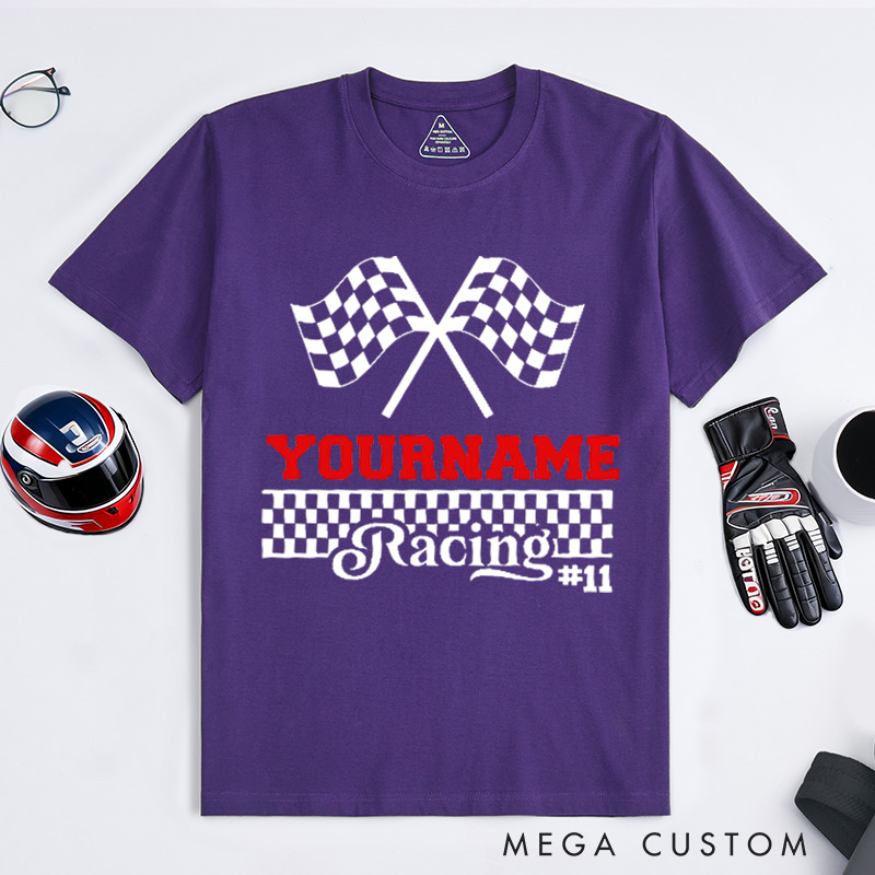 Personalized Racing Checkered Flag T-Shirt Custom Name and Number Race Team Tee Gift for Racers and Racing Lovers