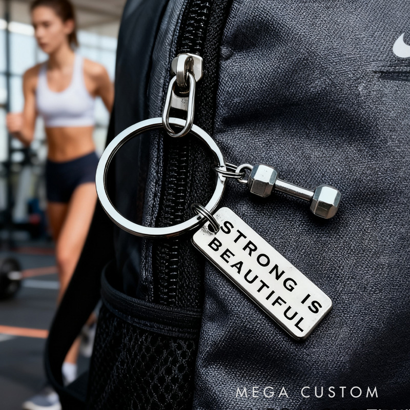 Personalized Engraved Strong Beautiful Keychain Fitness Gift for Her Gym Buddy Motivation Personal Trainer Gift Woman Key Ring for Gym Lovers