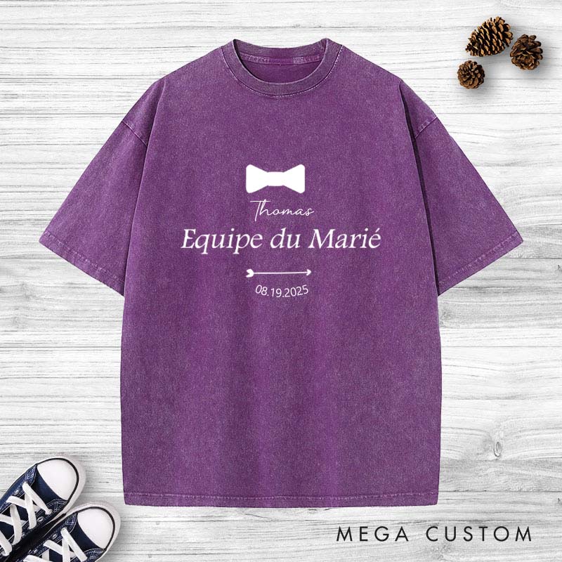 Personalized Équipe du Marié Stag Washed T-Shirt Elegant Wedding Party Tee Vintage Groomsman Bachelor Party Favors Washed T-Shirt