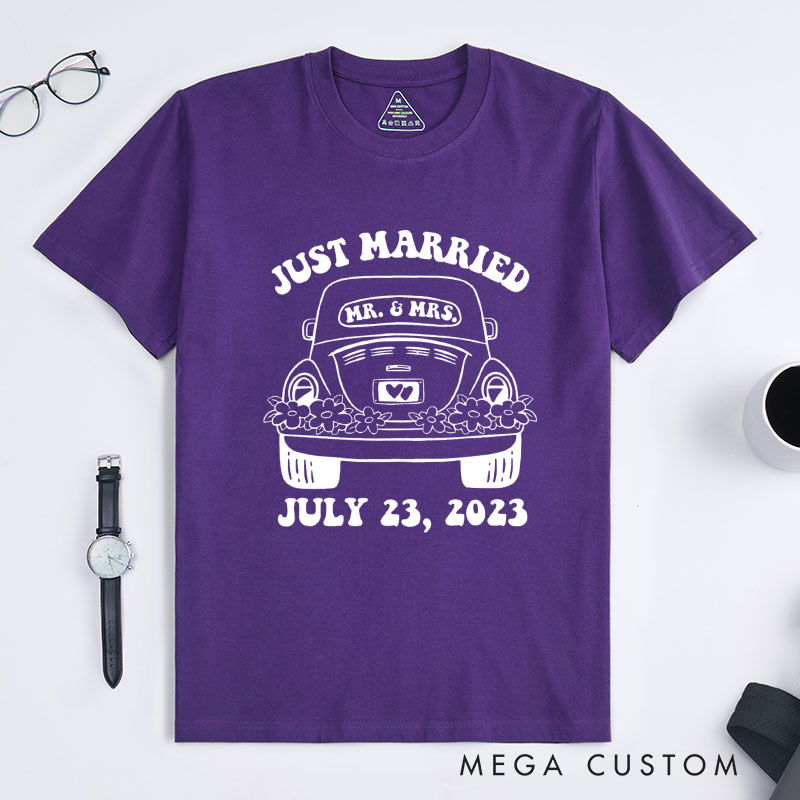 Personalized "Just Married" T-Shirt Couple Wedding Date Anniversary Gift Shirt Wife Husband Tops for Anniversary Gift for Her Him