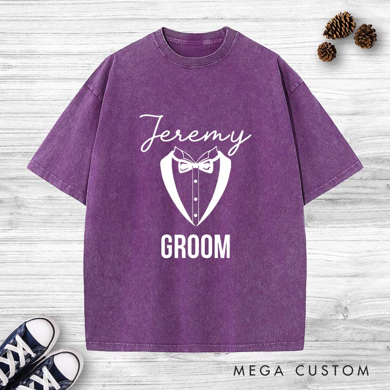 Personalized Groom Tuxedo Washed T-Shirt Groom Club Bachelor Party T-Shirt Vintage y2k Washed T-Shirt for Best Man Men Groomsmen T-Shirt