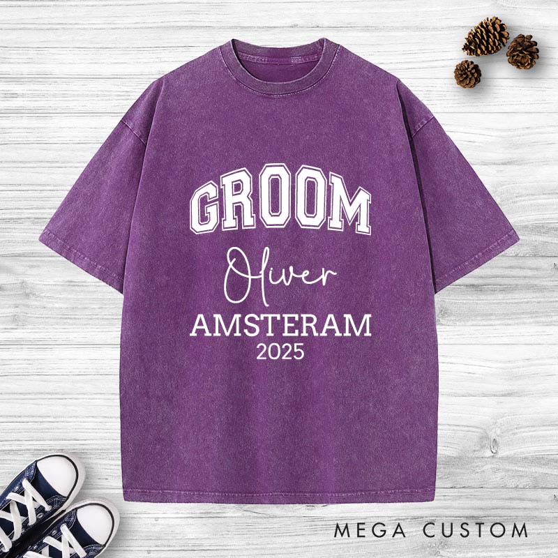 Personalized Groom Washed T-Shirt Minimalist Groomsmen Bachelor Party Shirts Groom Crew Shirts Retro Washed T-Shirt for Best Man