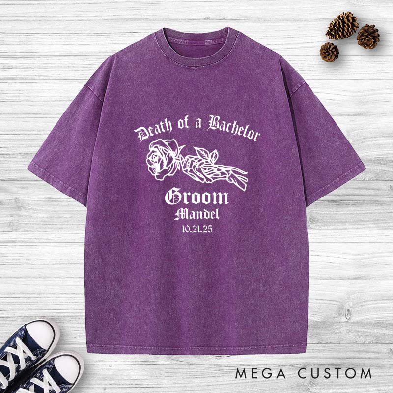 Personalized Death of a Bachelor Washed T-Shirt Gothic Groom Bach Party Shirts Groom Crew Washed T-Shirts Vintage Washed T-Shirt for Best Man