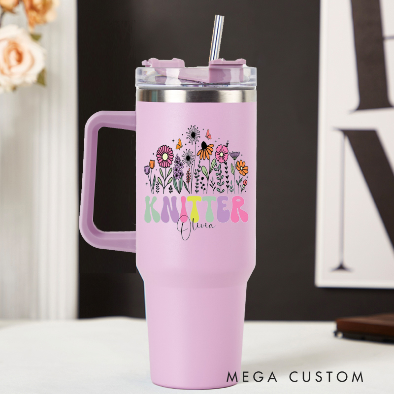 Personalized 40oz Tumbler with Handle Floral Knitter and Custom Name