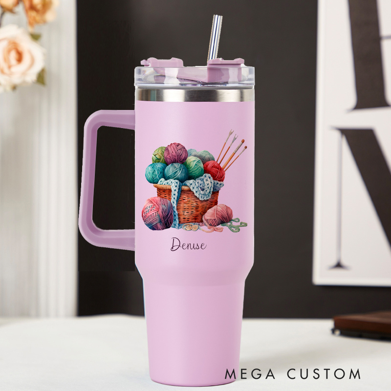 Personalized 40oz Tumbler with Handle Yarn Basket and Custom Name