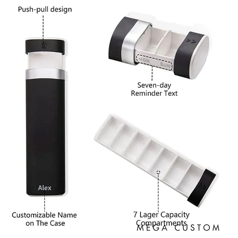 Personalized Name Weekly Pill Organizer 7-Day Food Grade Pill Box Large Compartment Travel Outdoor Essential Gift for Family