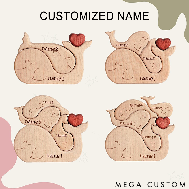 Personalized Wooden Puzzle Cute Whale Family Red Heart Design Custom Name