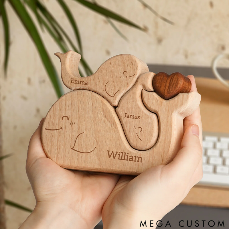 Personalized Wooden Puzzle Cute Whale Family Red Heart Design Custom Name