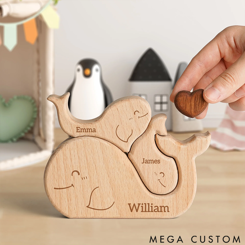 Personalized Wooden Puzzle Cute Whale Family Red Heart Design Custom Name