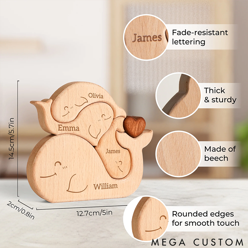 Personalized Wooden Puzzle Cute Whale Family Red Heart Design Custom Name