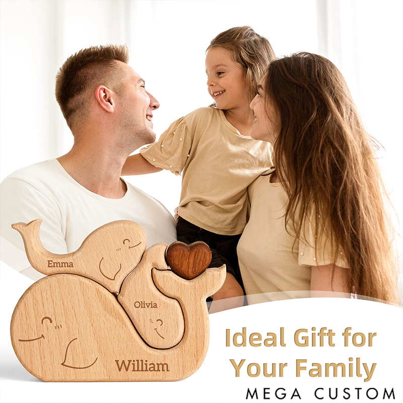 Personalized Wooden Puzzle Cute Whale Family Red Heart Design Custom Name