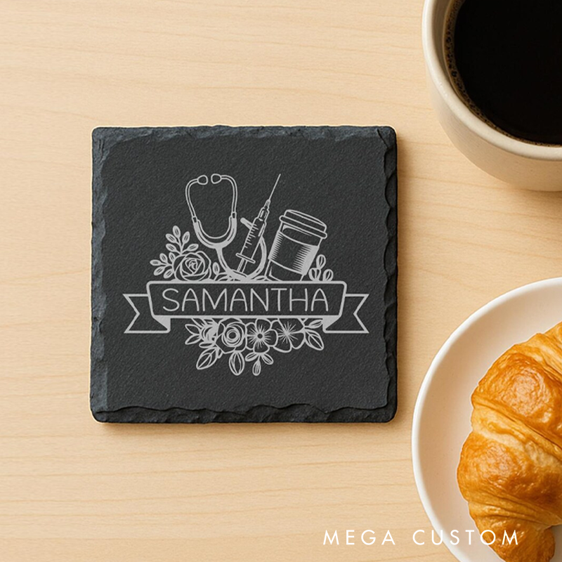 Personalized Nurse Engraved Slate Coaster Floral Stethoscope Design Appreciation Gift for Doctor Nurse Medical Staff