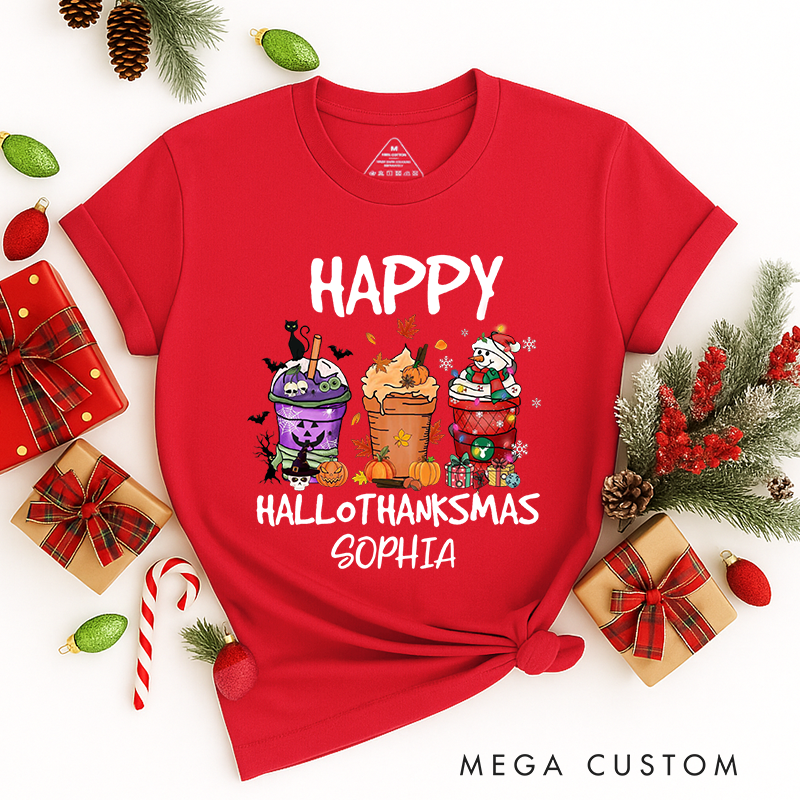 Personalized Classic T-Shirts Happy Hallothanksmas and Christmas Tee Coffee Pumpkin Spice Iced Tee
