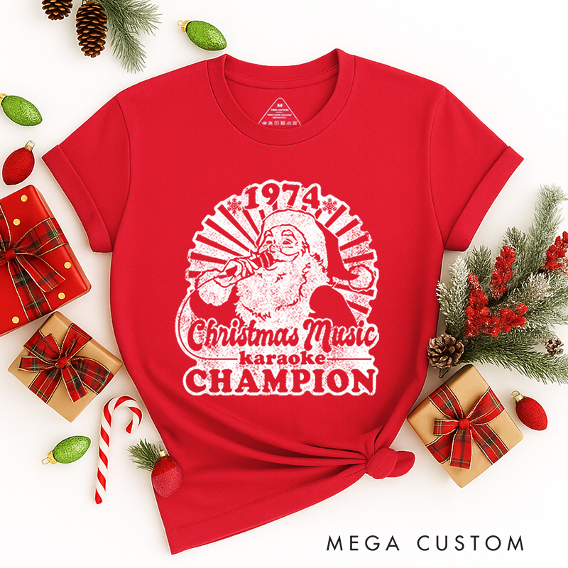 Personalized Classic T-Shirts Santa Face Christmas 1974 Tee Christmas Music Karaoke Champion Christmas Music Lover Tee