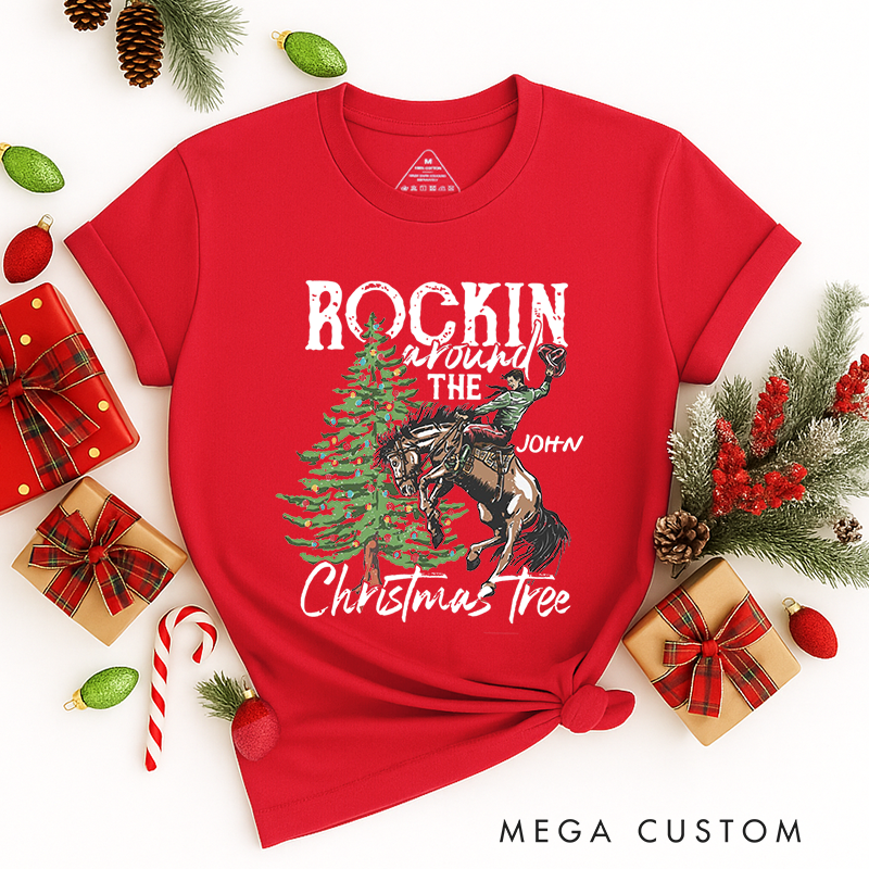 Personalized Classic T-Shirts Rocking Around the Christmas Tree Tee Retro Christmas Western Cowboy Christmas Tee