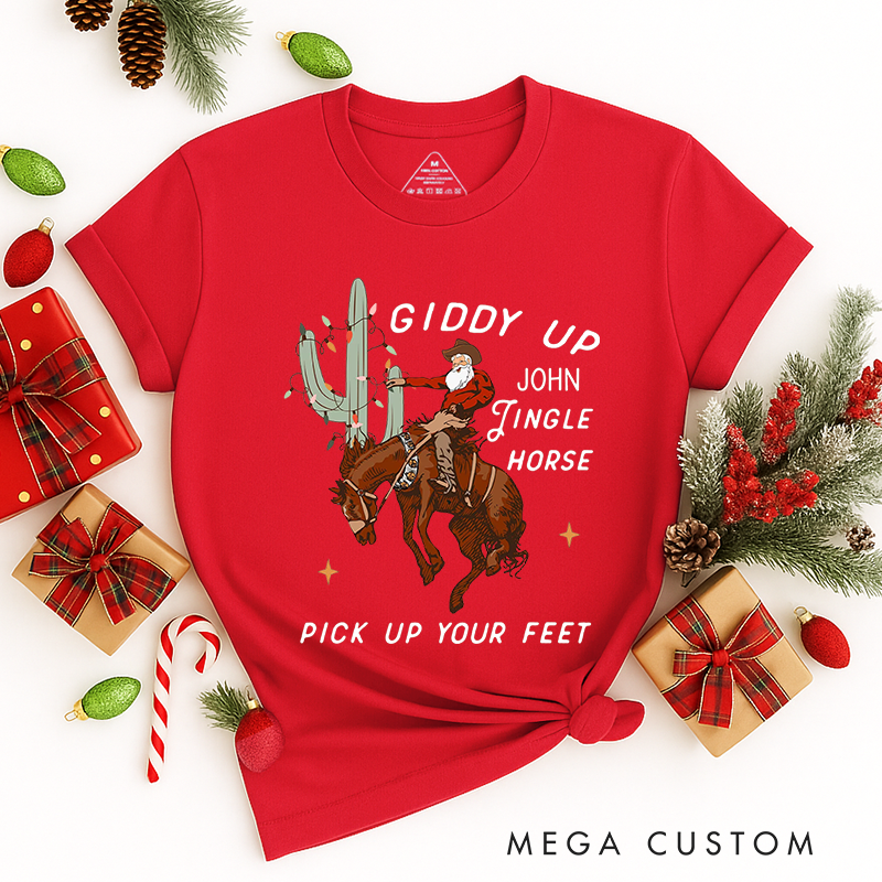 Personalized Classic T-Shirts Cowboy Christmas Tee Giddy Up Jingle Horse Pick Up Your Feet Howdy Country Christmas Horse Tee