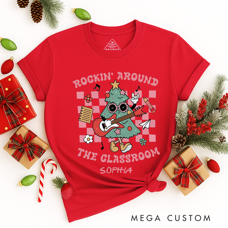 Personalized Classic T-Shirts Rockin Around the Classroom Christmas Tee